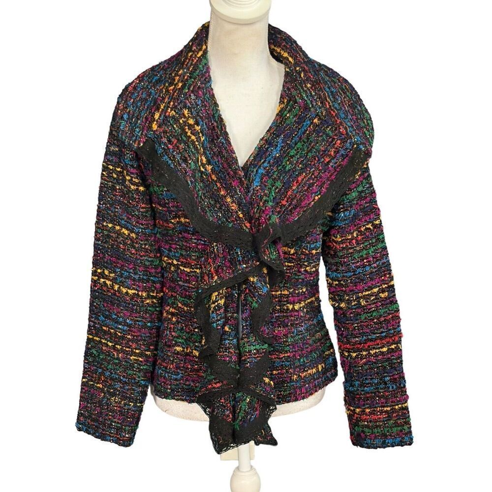 Berek Tweed Jacket Blazer Size Small Ruffles Woven Fringe Preppy Work Classic